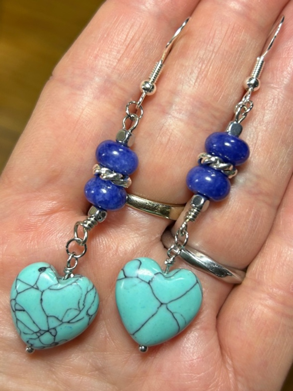 3$25 Turquoise Heart Drop Earrings with Blue Accent Beads